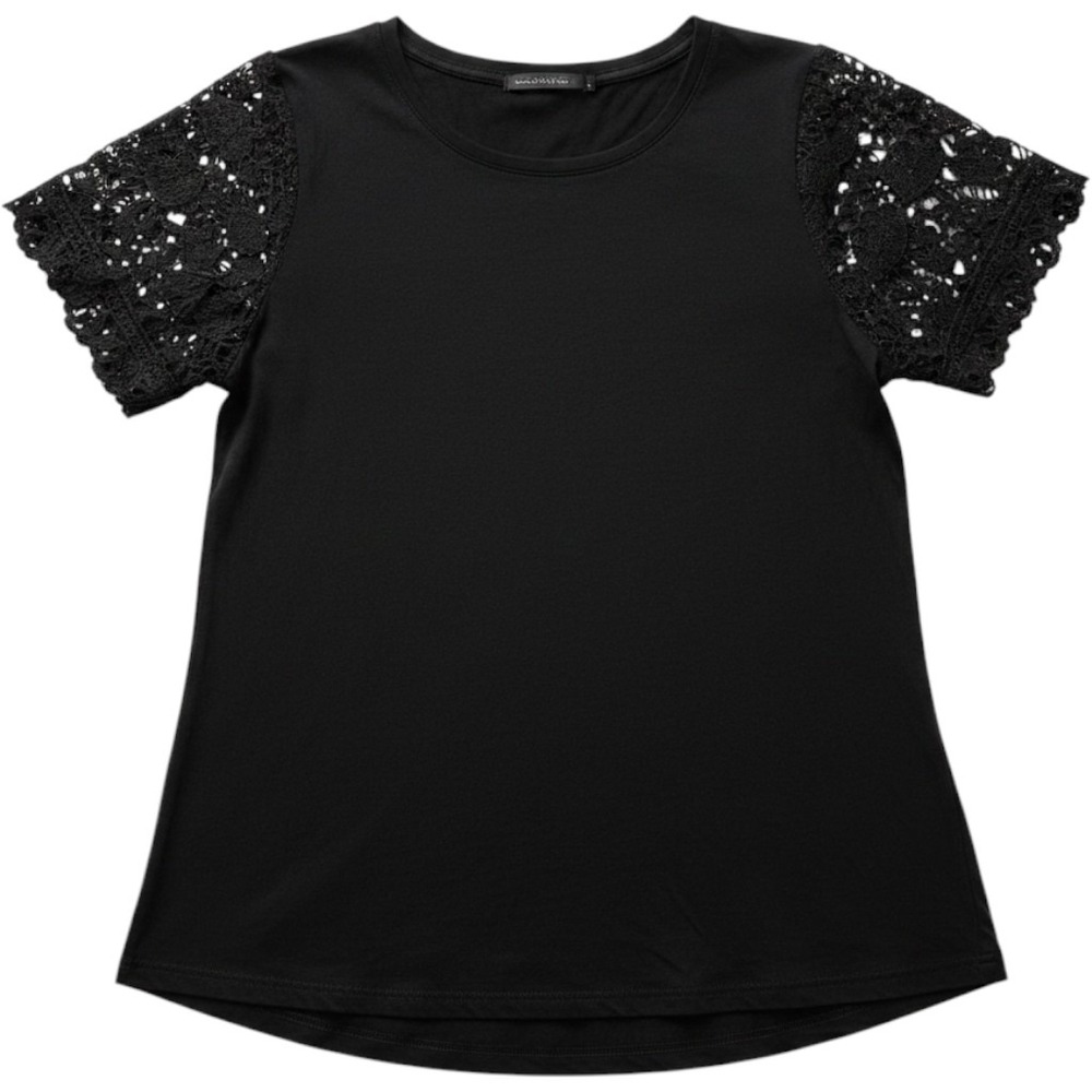 Adrianna Papell Black Lace Yoke Knit Top Large Short Sleeve Crochet Blouse L
